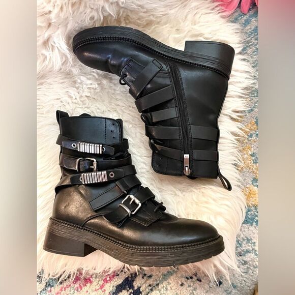 DKNY ITA Strappy Everyday Booties Black Combat Boot Silver Hardware 7.5 - Picture 5 of 11